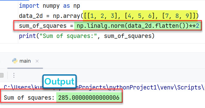 Случай 2: NumPy суммирует квадрат чисел двумерного массива 