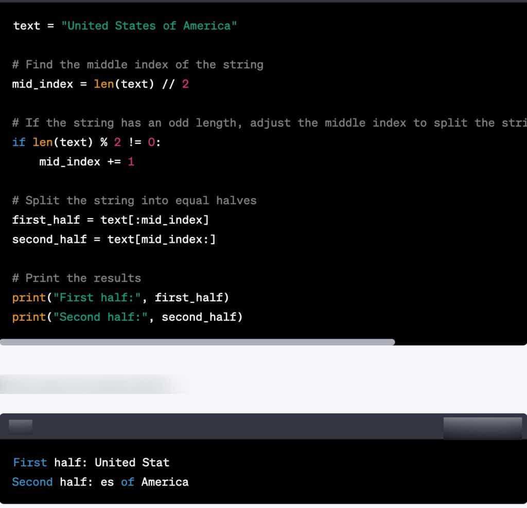 Как разделить строку на равные половины в Python