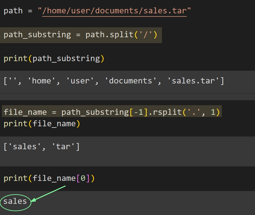 Печать имени файла Python с использованием методов Split() и Resplit()